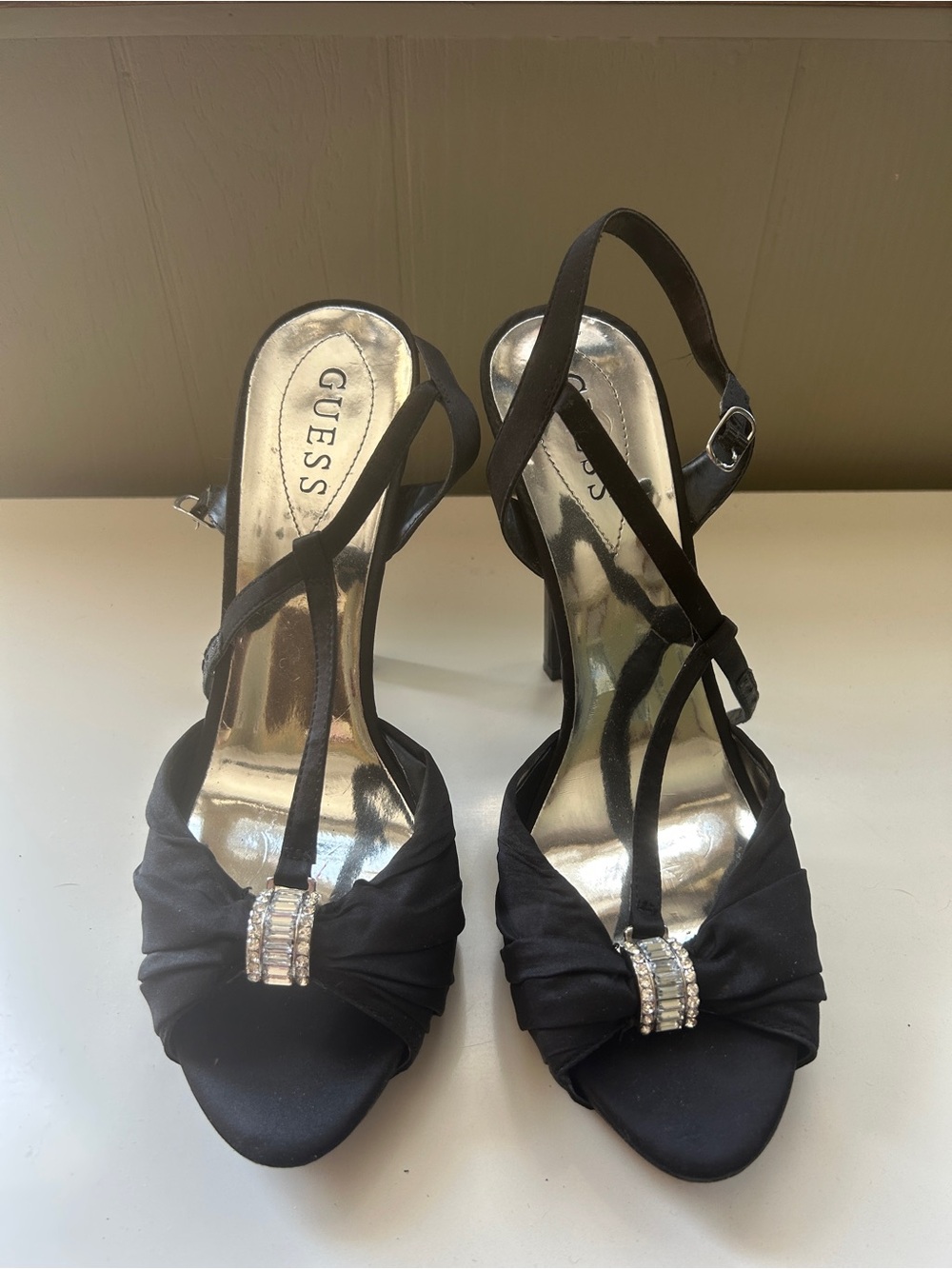 GUESS Black Strappy Open-Toe Heels with Rhinestone Accent